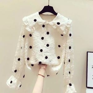 Cream Polka Dot Collar Button Up Blouse
